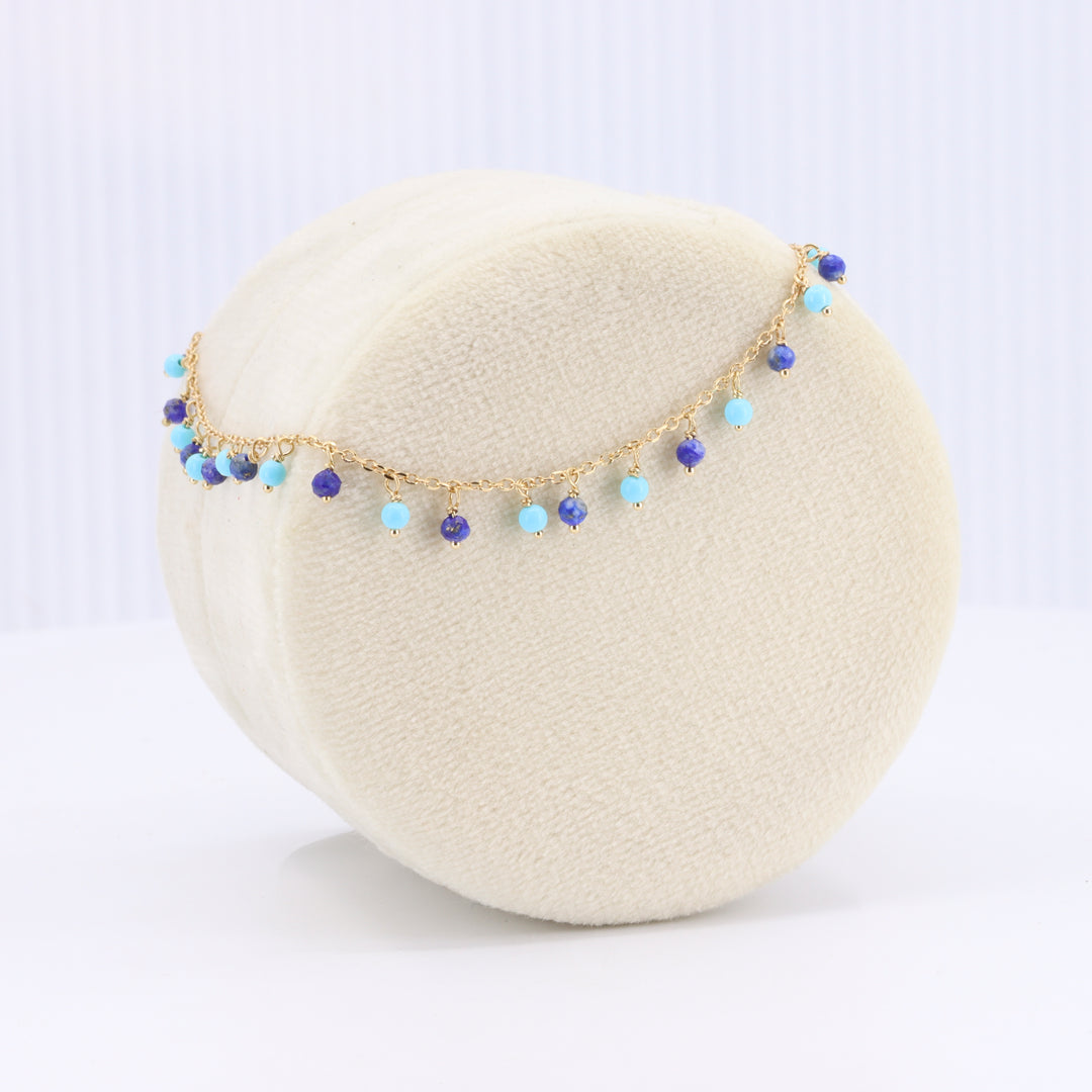 Mini Lapis and Turquoise Bead Fringe Bracelet in Yellow Gold