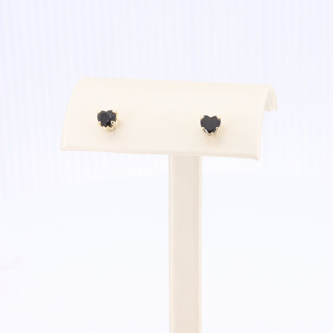Onyx Heart Stud Earrings in Yellow Gold