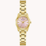 Load image into Gallery viewer, Gold Bulova watch with a pink dial and a sleek metal bracelet, featuring an octagonal case design.