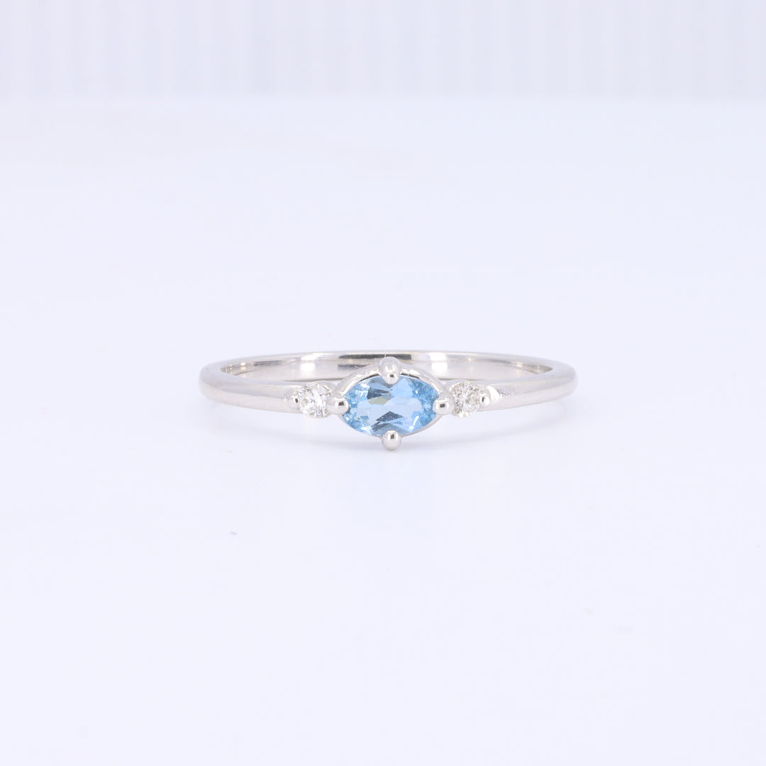 East-West Oval Aquamarine Ring with Diamond Trim in White Gold