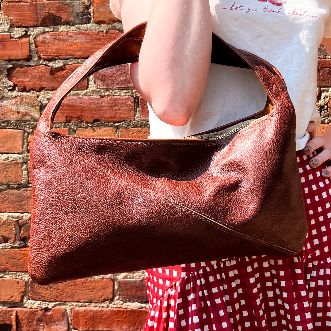 Brown Leather Shoulder Bag with Brass Zipper
