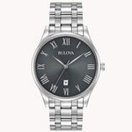 Load image into Gallery viewer, Bulova silver stainless steel watch with a dark gray dial and Roman numerals, featuring a date display.