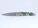 Load image into Gallery viewer, Damascus Steel Blade Liner Lock Pocket Clip Knife w/ Polychrome Turquoise and Mother of Pearl inlay -4" Closed - Kizer Cummings Jewelers