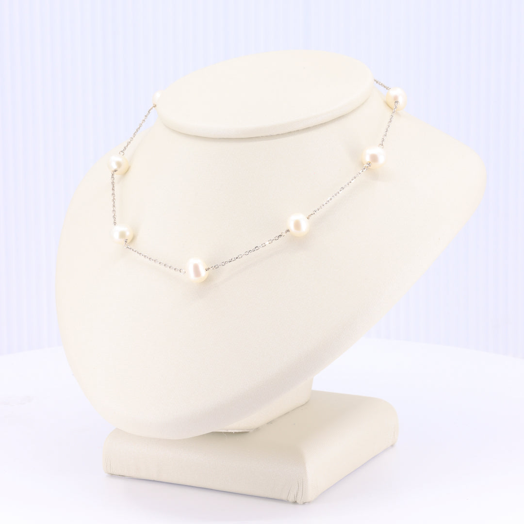 Pearl Station Necklace in White Gold