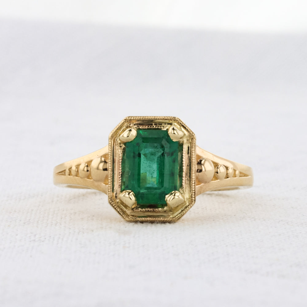 Emerald Ring with Gold Beaded Edge in Yellow Gold