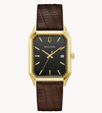 Load image into Gallery viewer, Bulova gold-tone square watch with black textured dial and brown crocodile leather strap. Elegant and stylish timepiece.