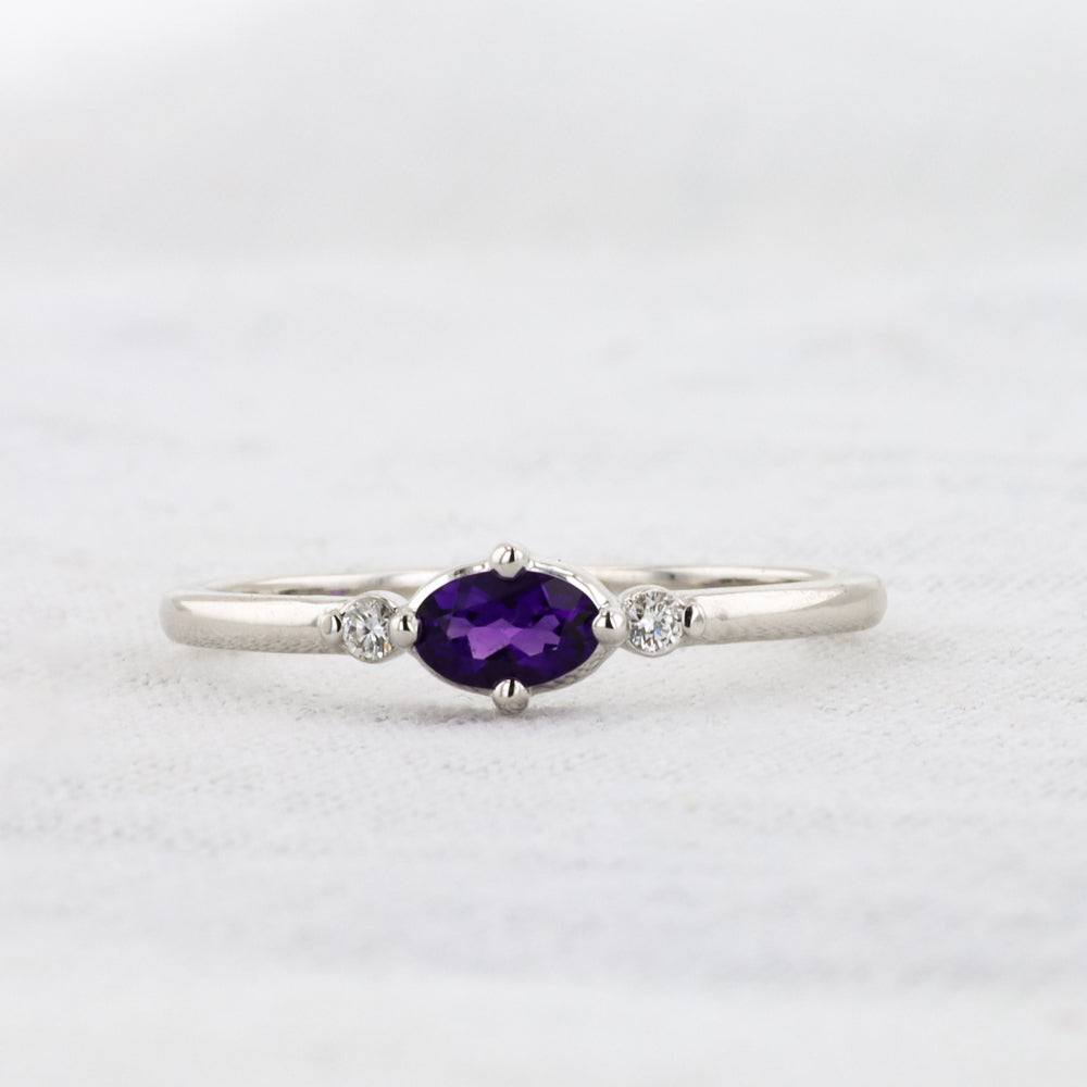 East-West Oval Amethyst Ring with Diamond Trim in White Gold
