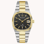 Load image into Gallery viewer, Bulova men's watch with silver and gold stainless steel band, black dial, and date feature, classic style.