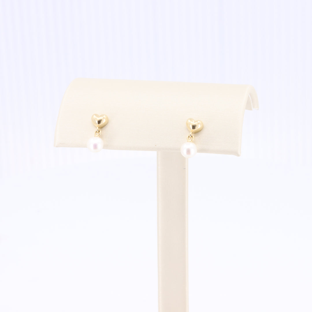 Heart and Pearl Drop Earrings in Yellow Gold