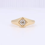 Load image into Gallery viewer, Gold geometric ring featuring a brilliant cut diamond center stone, elegant and modern design.