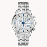 Load image into Gallery viewer, Silver Bulova chronograph watch with blue accents, stainless steel bracelet, and textured white dial.