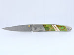Load image into Gallery viewer, 4" Linerlock Knife- Green Turquoise and Bronze w/Mother of Pearl Inlay w/ Damascus Steel Blade