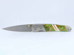 Load image into Gallery viewer, Damascus Steel Blade Linerlock Pocket Clip Knife w/Green Turquoise, Bronze and Mother of Pearl Inlay -4" Closed - Kizer Cummings Jewelers