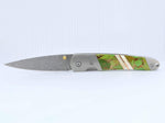 Load image into Gallery viewer, Damascus Steel Blade Linerlock Pocket Clip Knife w/Green Turquoise, Bronze and Mother of Pearl Inlay -4" Closed - Kizer Cummings Jewelers