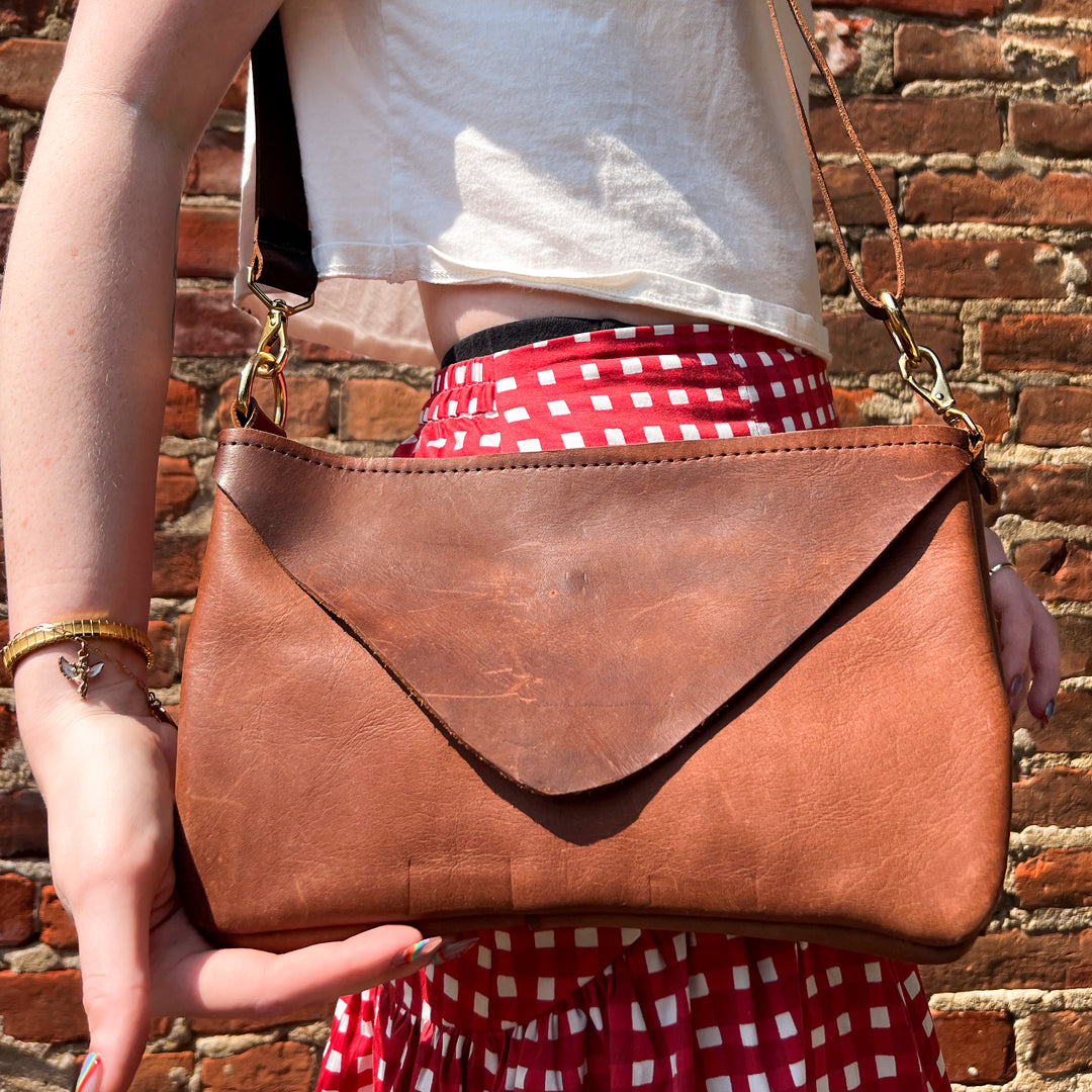Hand-made Soft Brown Leather Crossbody Bag with Yellow Hardware