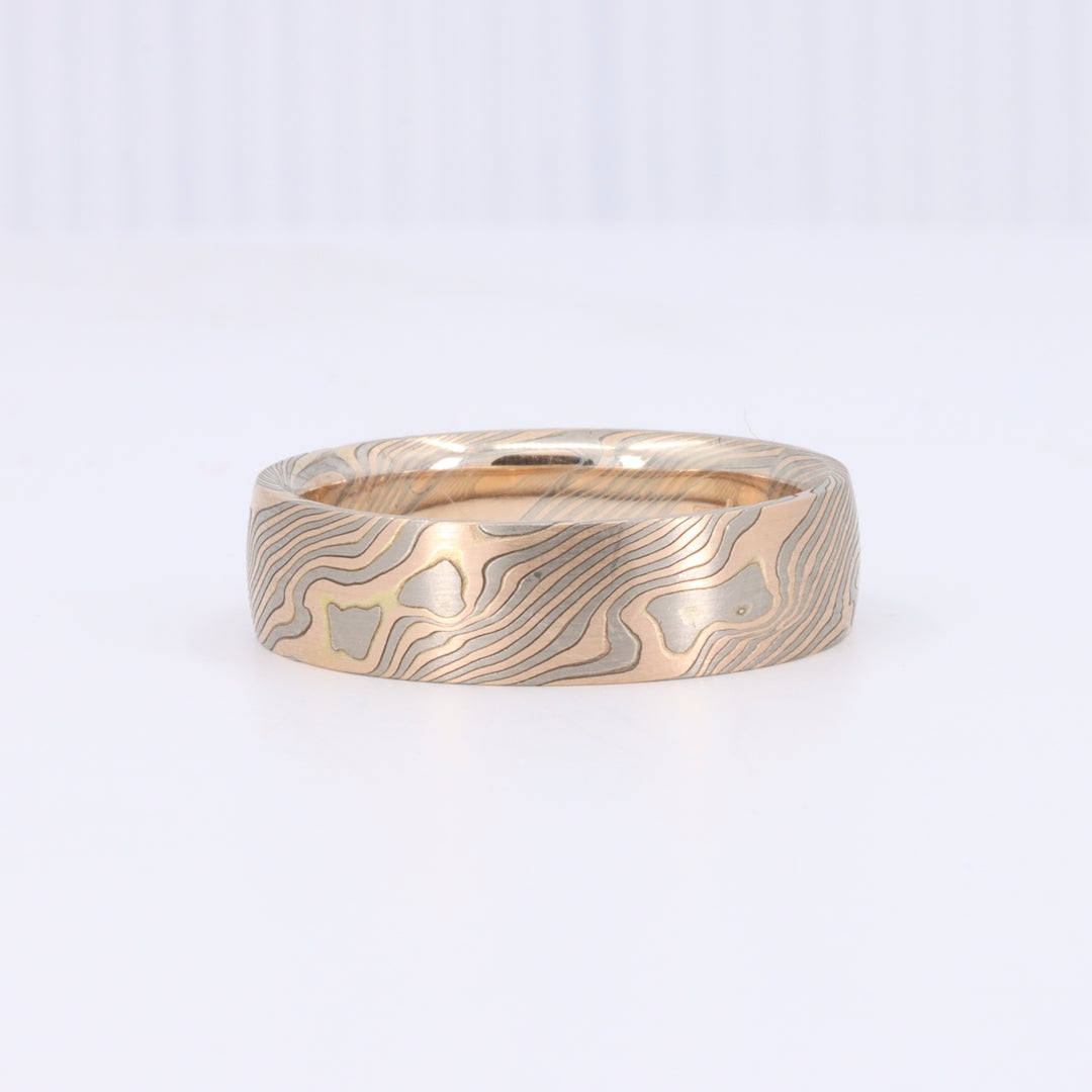 Oak Pattern Mokume Gane Ring with Rose Gold, White Gold and Silver