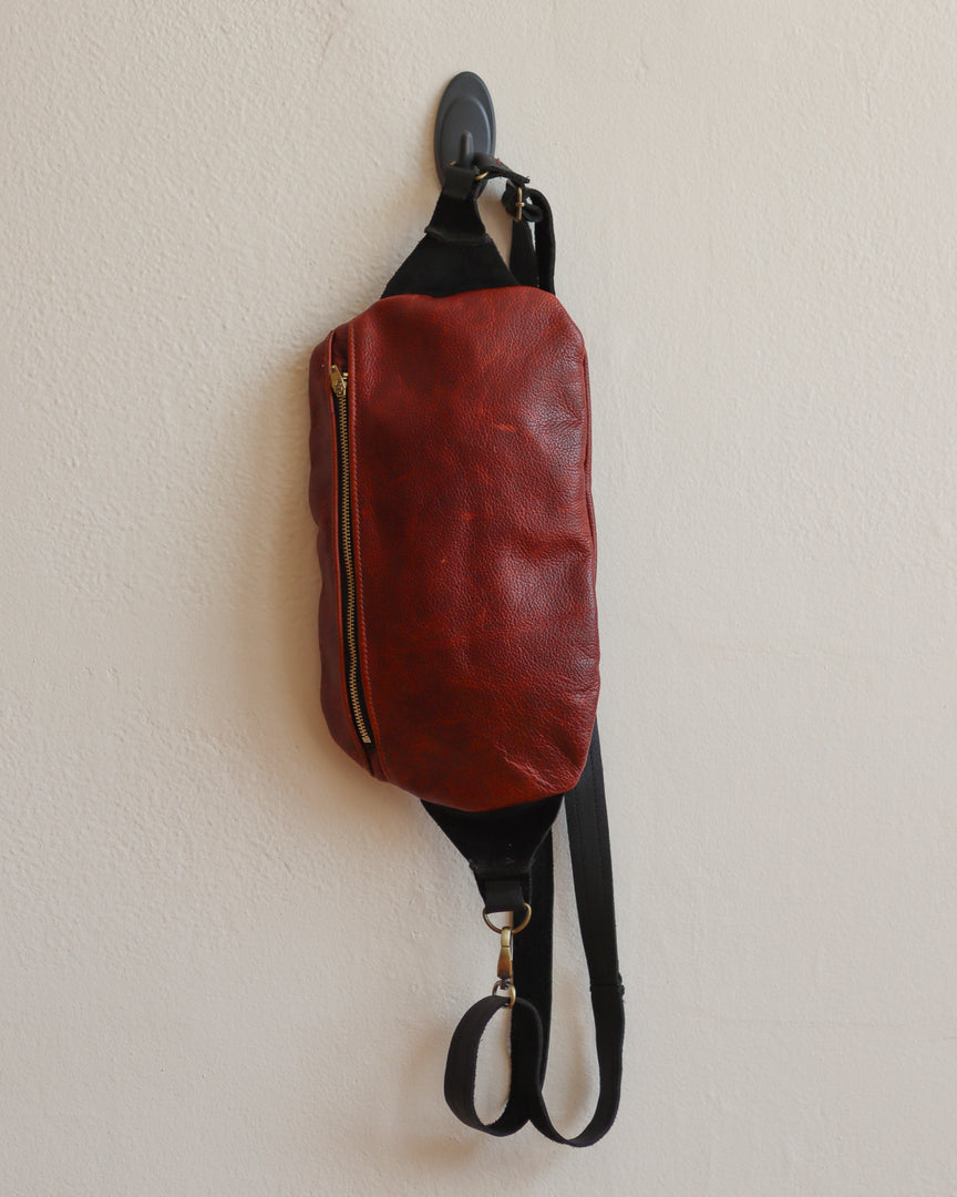 Textured Brown and Matte Black Leather Belt Bag