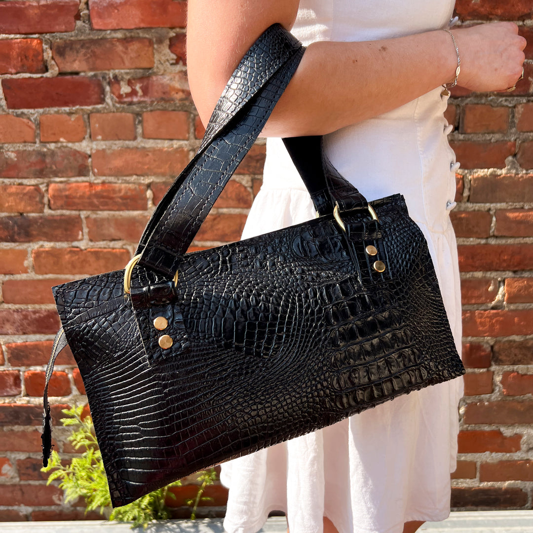 Black Alligator Vinyl Shoulder Purse with Brass Hardware and Five Internal Compartments