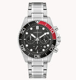 Load image into Gallery viewer, Men's Caravelle stainless steel diving watch with black dial, red accents, and chronograph features.