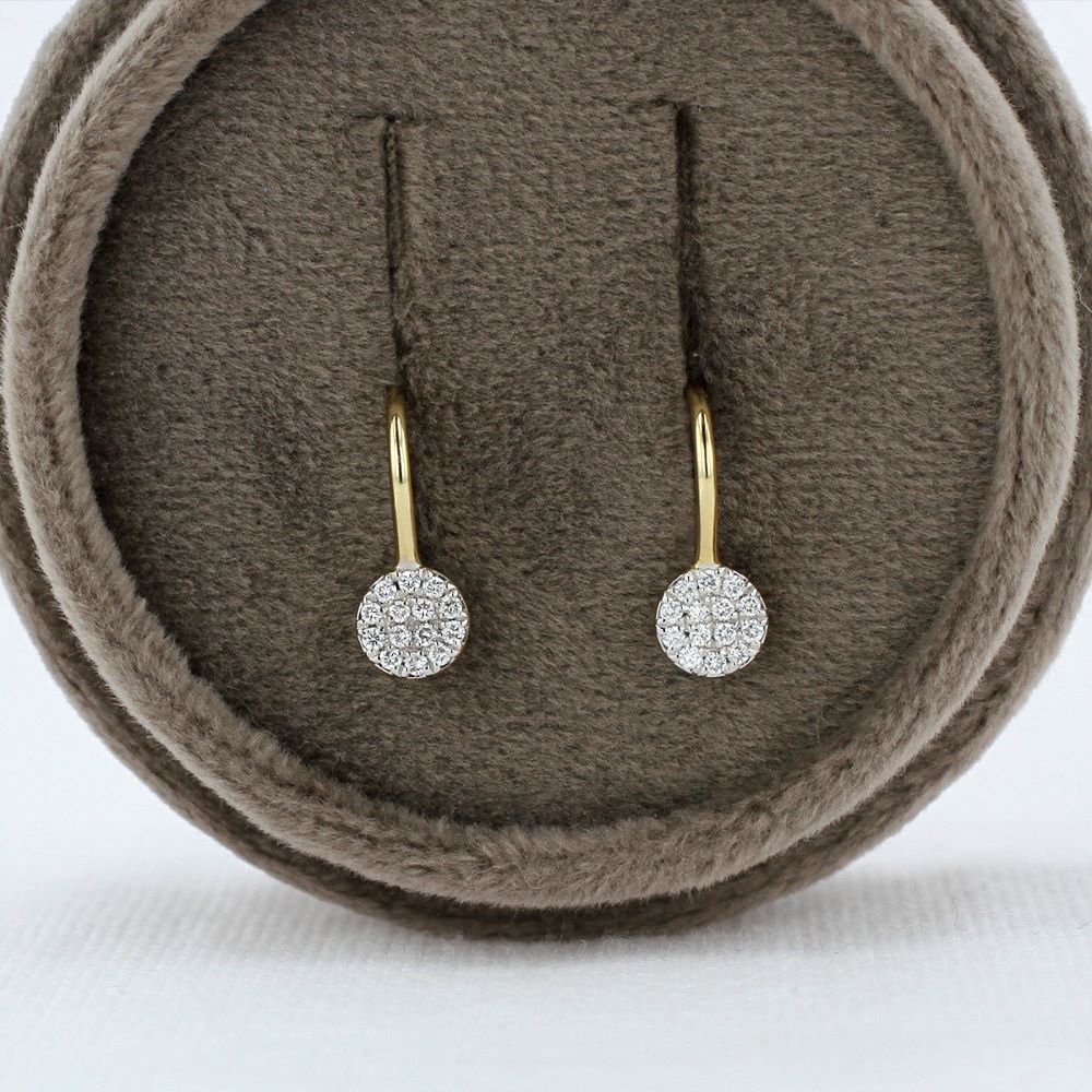 Round Pavé Diamond Drop Earrings in Yellow Gold