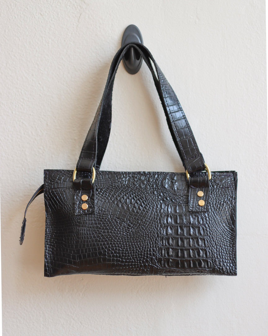 Black Alligator Vinyl Shoulder Purse with Brass Hardware and Five Internal Compartments