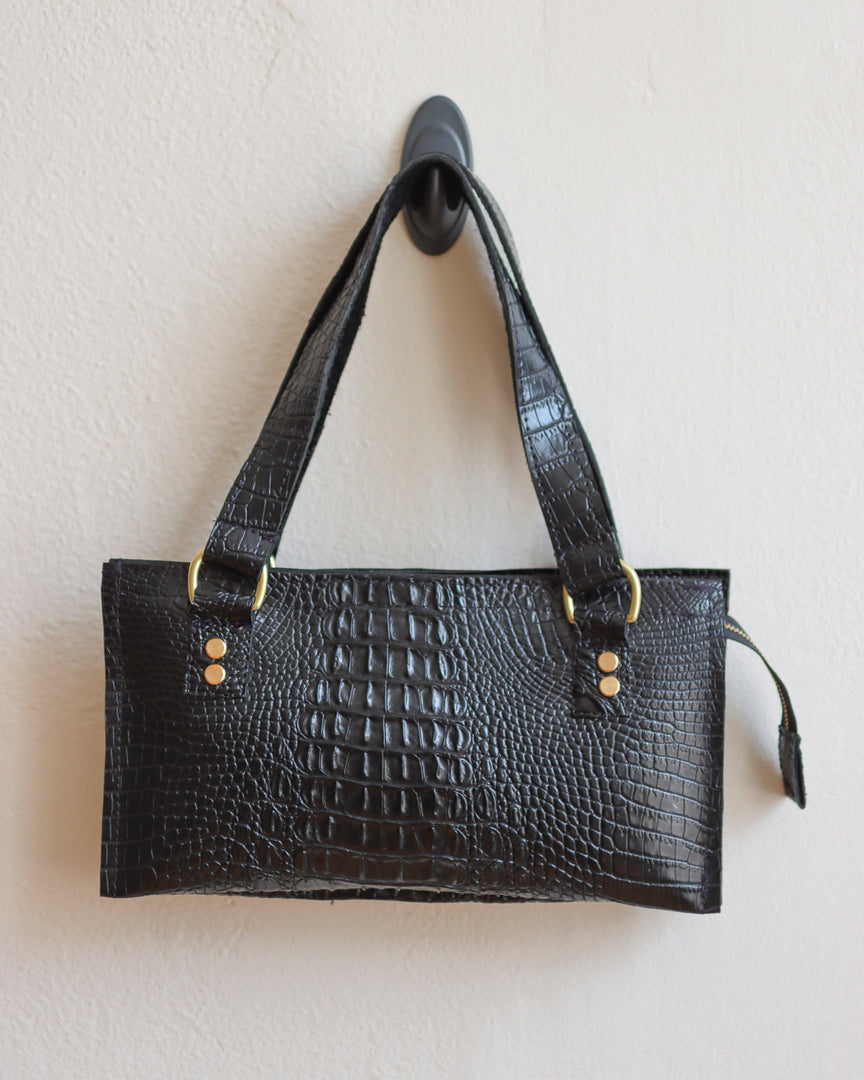 Black Alligator Vinyl Shoulder Purse with Brass Hardware and Five Internal Compartments