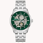 Load image into Gallery viewer, Bulova automatic watch with green dial, silver stainless steel band, and transparent back showcasing intricate mechanics.