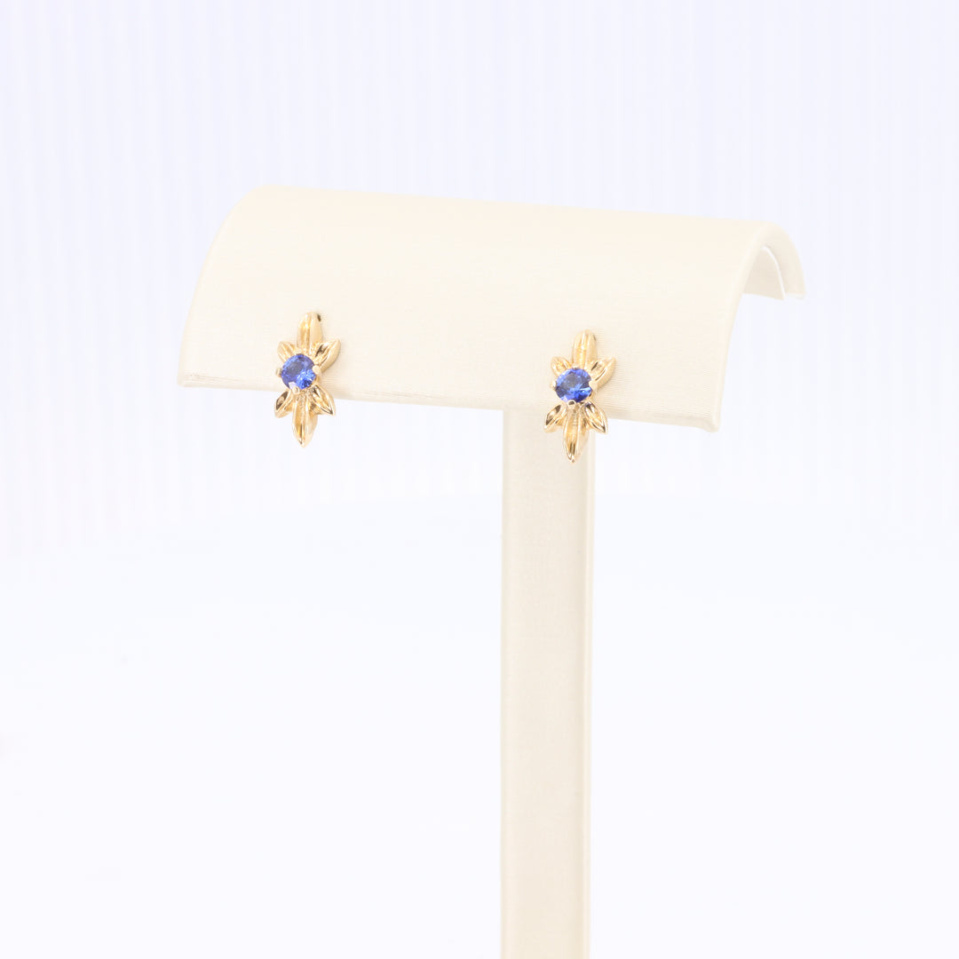 Leaf Spray Sapphire Stud Earrings in Yellow Gold