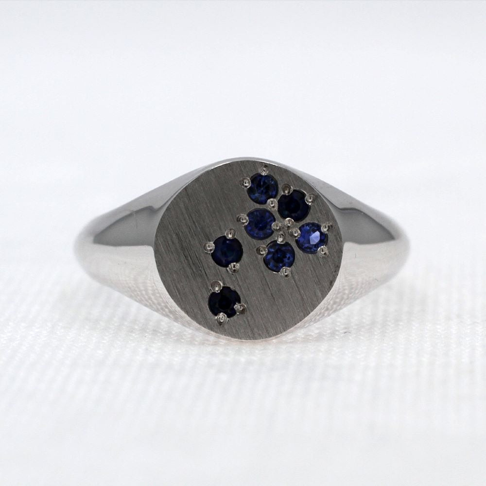 Scattered Blue Sapphire Signet Ring in White Gold