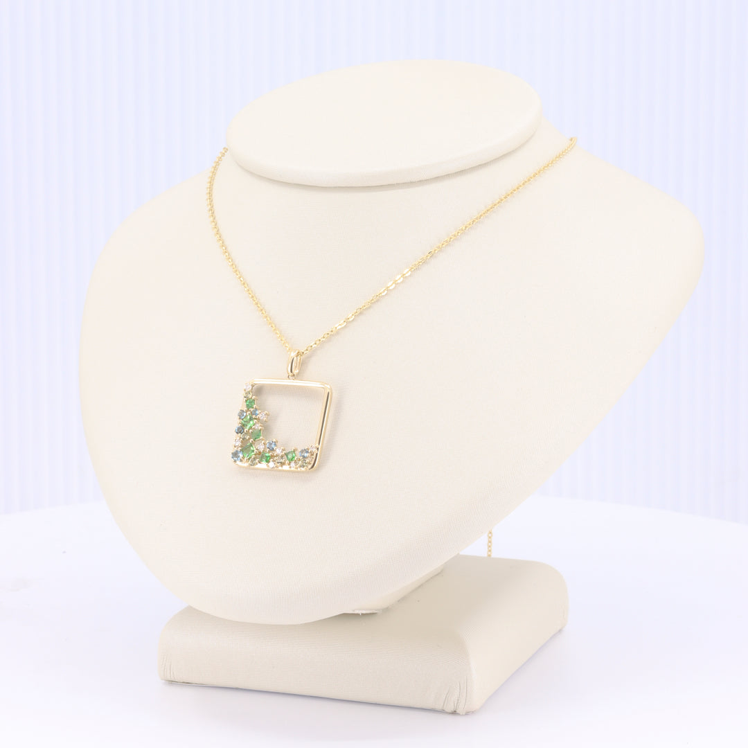 Open Square Diamond and Gemstone Cluster Pendant in Yellow Gold