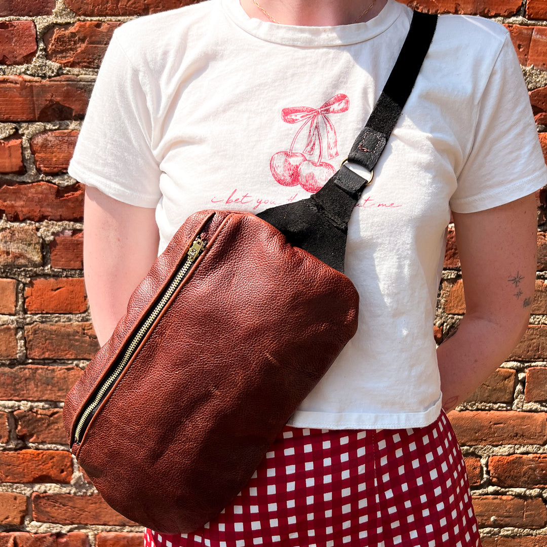 Textured Brown and Matte Black Leather Belt Bag