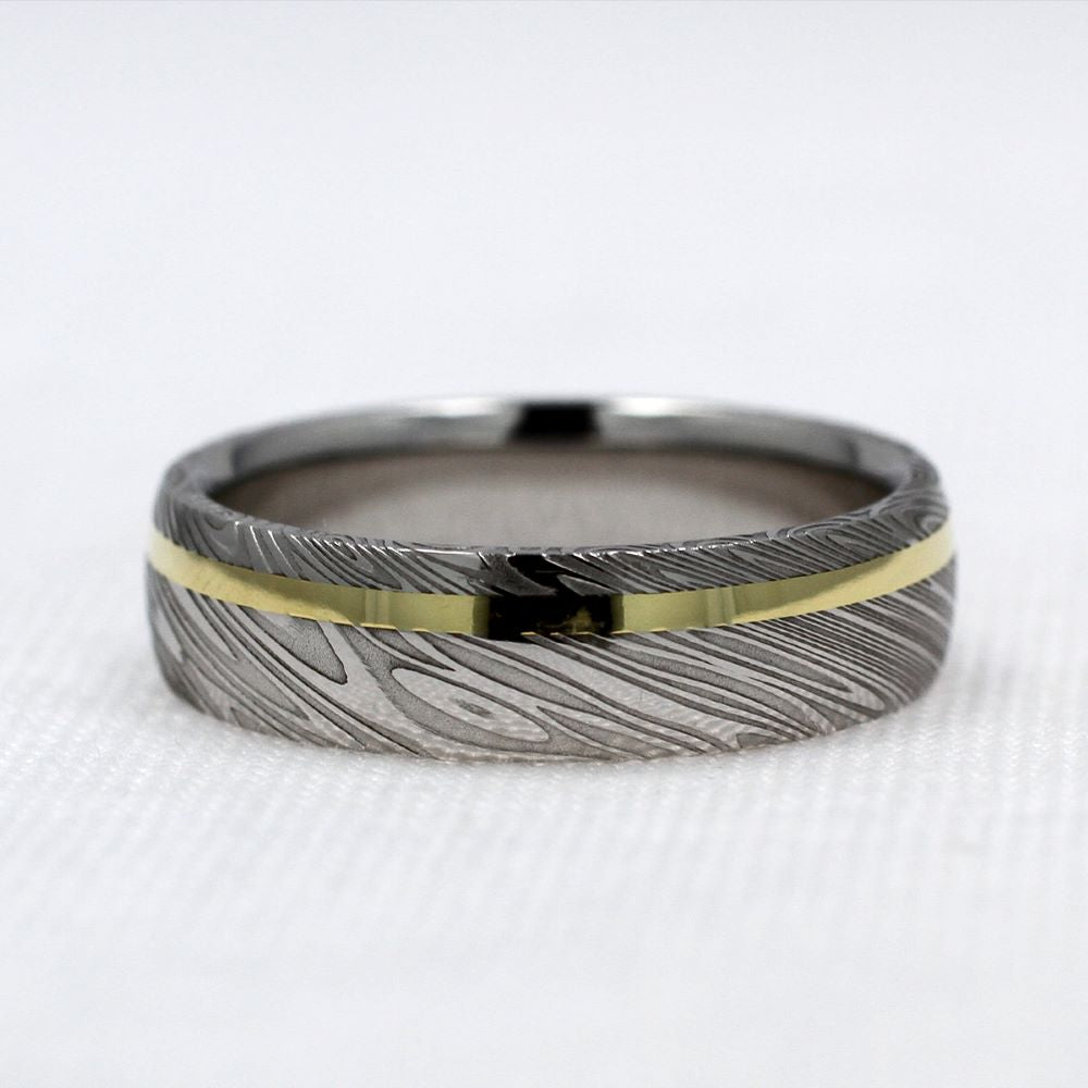 Wood Pattern Damascus Steel Band with 18KY Offset Inlay