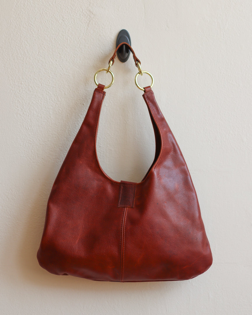 Brown Leather Shoulder Bucket Bag with Brass Hardware