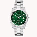 Load image into Gallery viewer, Bulova automatic silver watch with green dial, stainless steel band, and date feature. Perfect for a stylish look.