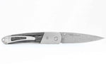 Load image into Gallery viewer, Damascus Steel Liner Lock Pocket Clip Knife w/Blue Fossilized Mammoth Tooth, Mother of Pearl and Jett Inlays -4" Closed - Kizer Cummings Jewelers