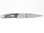 Load image into Gallery viewer, Damascus Steel Liner Lock Pocket Clip Knife w/Blue Fossilized Mammoth Tooth, Mother of Pearl and Jett Inlays -4" Closed - Kizer Cummings Jewelers