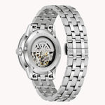 Load image into Gallery viewer, Silver stainless steel Bulova watch with a skeleton back and a polished bracelet design. Stylish and sophisticated timepiece.