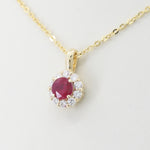 Load image into Gallery viewer, Ruby Halo Pendant, 0.40ct Ruby with 0.29cttw Diamond Halo in 14K Yellow Gold, 18 inch Chain