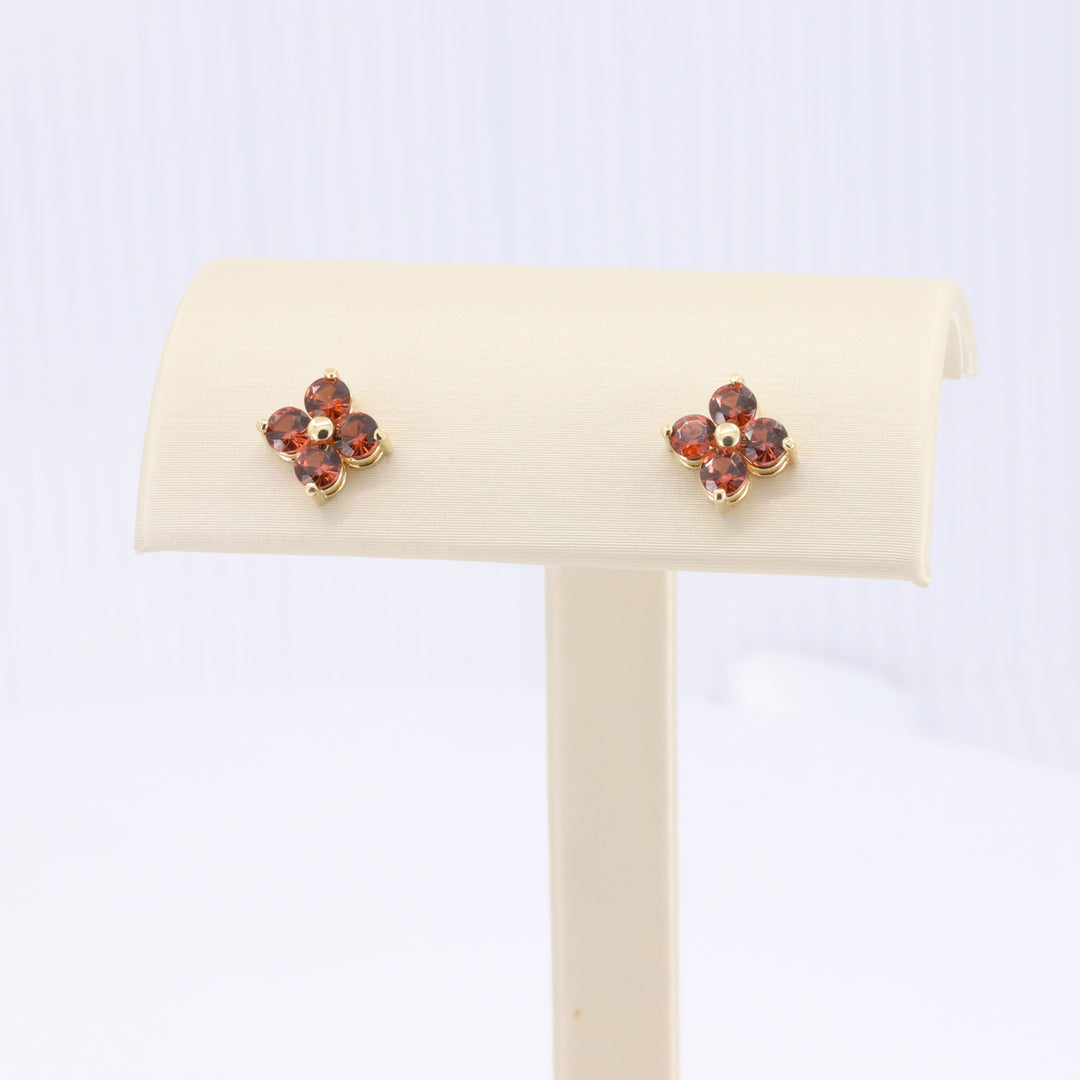 Copper Garnet Quatrefoil Earrings in Yellow Gold