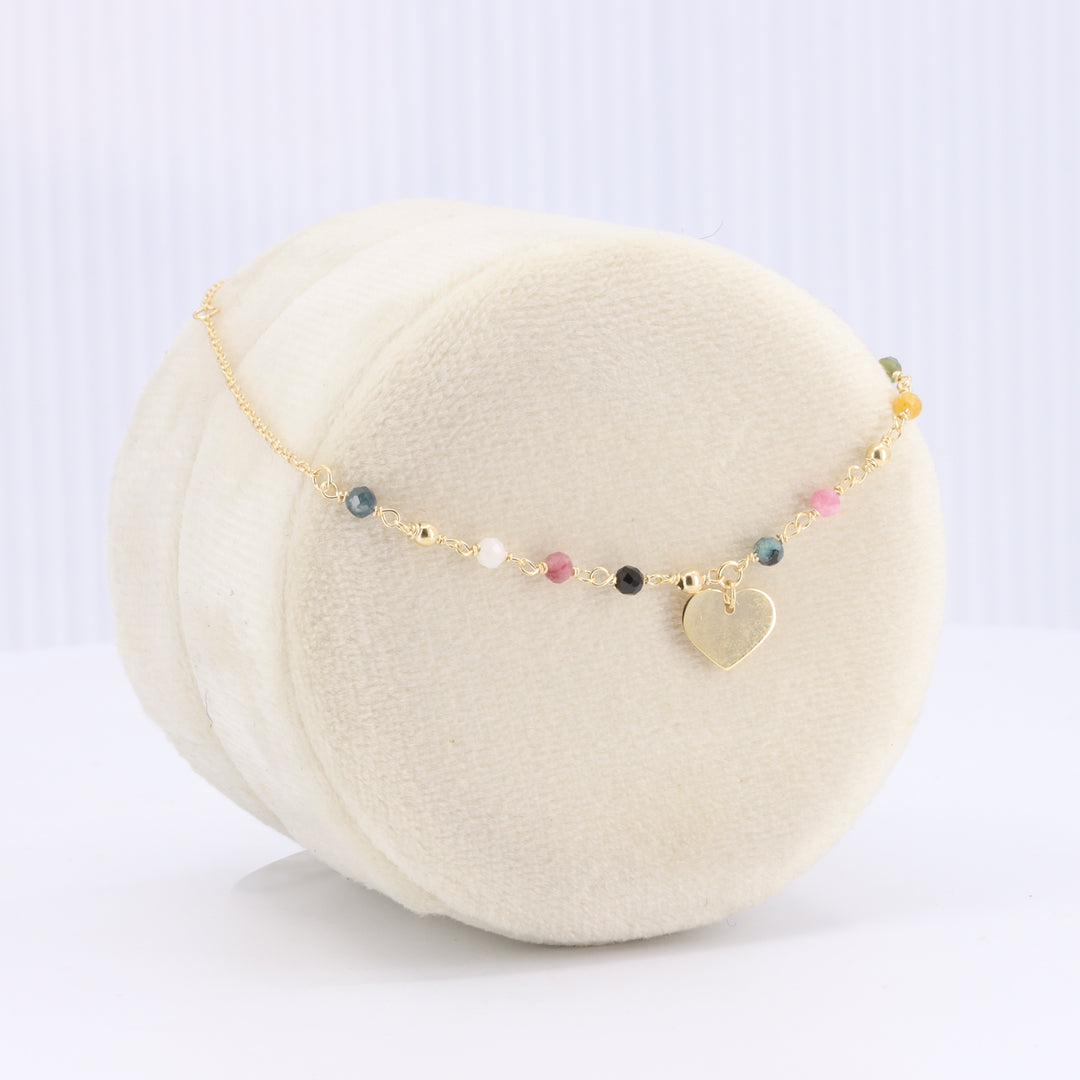 Mini Tourmaline Bead and Heart Charm Bracelet in Yellow Gold