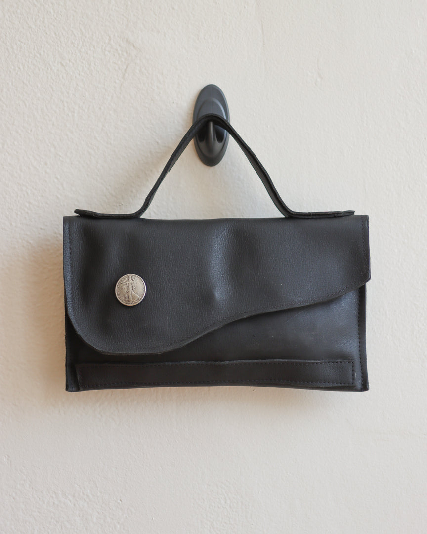 Matte Black Leather Asymmetrical Clutch Bag with white Metal Hardware
