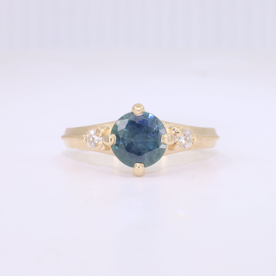 Montana Sapphire and Diamond Ring with Millgrain Ridge in Yellow Gold