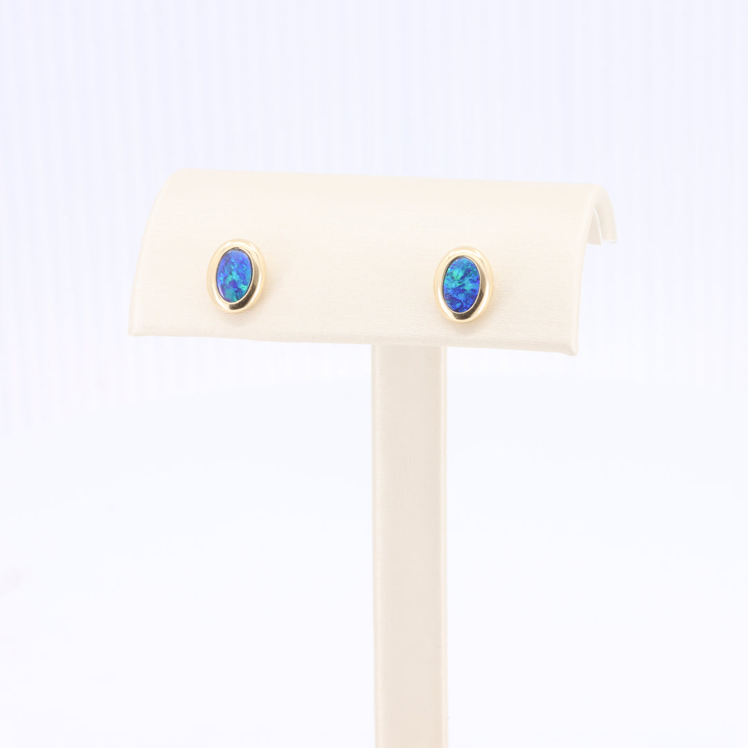 Opal Oval Doublet Stud Earrings in Yellow Gold
