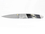 Load image into Gallery viewer, Damascus Steel Blade Liner Lock Pocket Clip Knife w/Mammoth Tusk and Jet Inlay -4" Closed - Kizer Cummings Jewelers