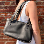 Load image into Gallery viewer, Black Leather Shoulder Tote Bag with Brass Hardware