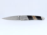 Load image into Gallery viewer, 4" Linerlock Knife- Dinosaur Bone and Jet inlay w/ Damascus Steel Blade