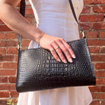 Load image into Gallery viewer, Black Alligator Vinyl Crossbody Bag with Adjustable Strap and Yellow Metal Hardware - Kizer Cummings Jewelers