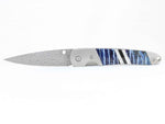 Load image into Gallery viewer, Damascus Steel Liner Lock Pocket Clip Knife w/Blue Fossilized Mammoth Tooth, Mother of Pearl and Jett Inlays -4" Closed - Kizer Cummings Jewelers