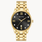 Load image into Gallery viewer, Bulova Classic- Black Round Face w/ Yellow Metal Features and Band