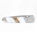 Load image into Gallery viewer, Damascus Steel Blade Liner Lock Pocket Clip Knife w/ Mother of Pearl and Mammoth Tusk Inlay -4" Closed - Kizer Cummings Jewelers